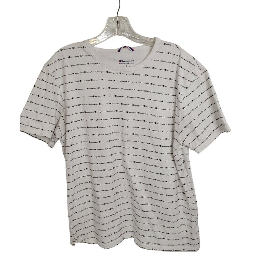 Champion Mens White T-Shirt With All-Over Logo Print -‎ Size L